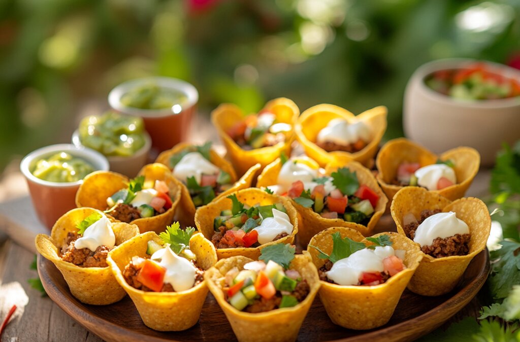 Freshly baked taco cups filled with seasoned beef, cheese, and vegetables.