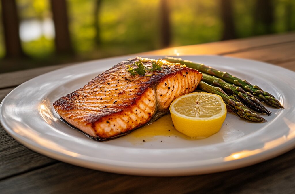 A finished salmon dish with roasted asparagus and lemon butter sauce, served outdoors with a serene natural background.