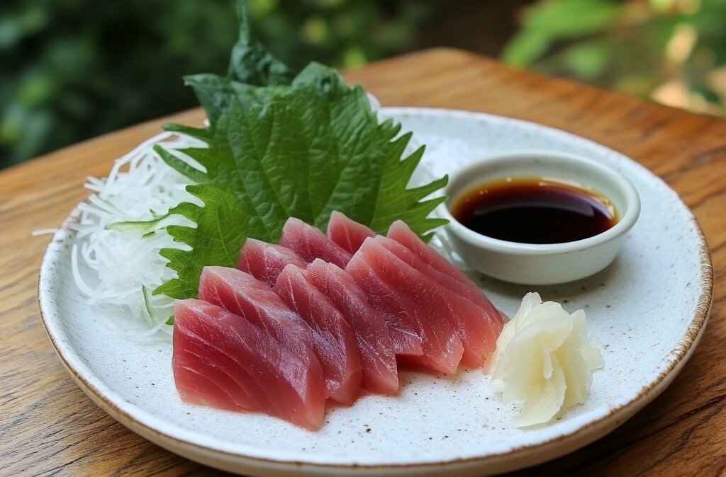 Plated Bluefin tuna sashimi with garnishes, served outdoors with a natural garden background