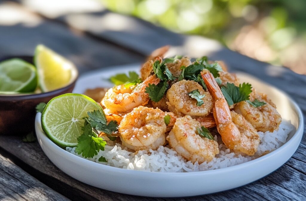 Creamy coconut shrimp served on a plate with rice and garnished with lime and cilantro."