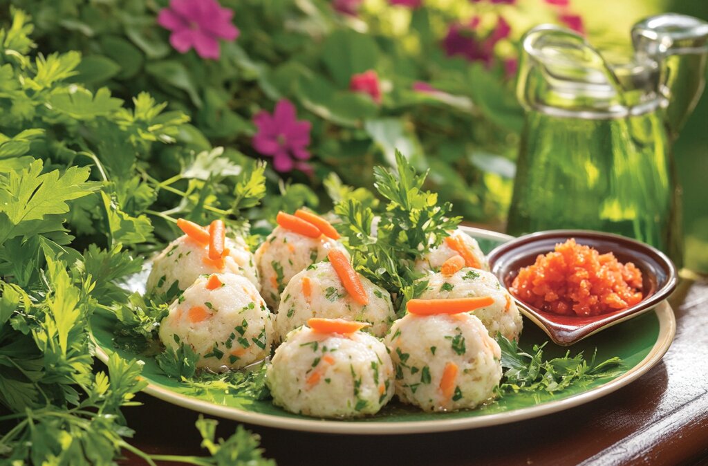 Plated gefilte fish garnished with carrots and parsley, served with red horseradish on an outdoor table.