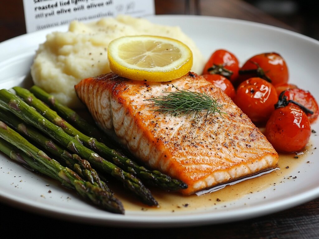 Perfectly cooked king salmon fillet with crispy skin, roasted asparagus, cherry tomatoes, and mashed potatoes