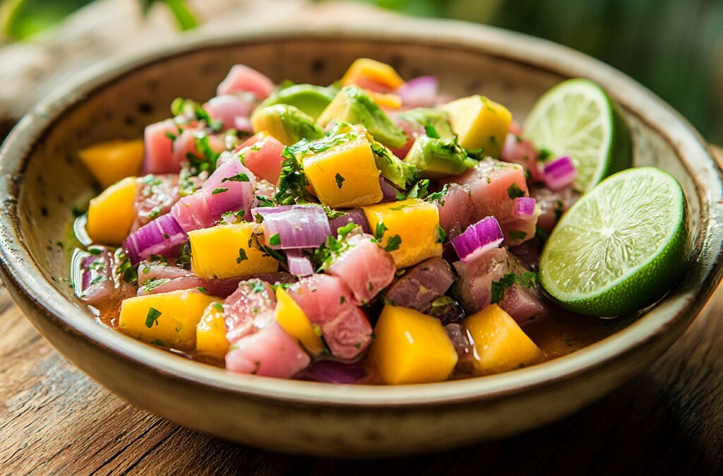 A bowl of tuna ceviche garnished with avocado, mango, and chili slices, served outdoors with a tropical background.