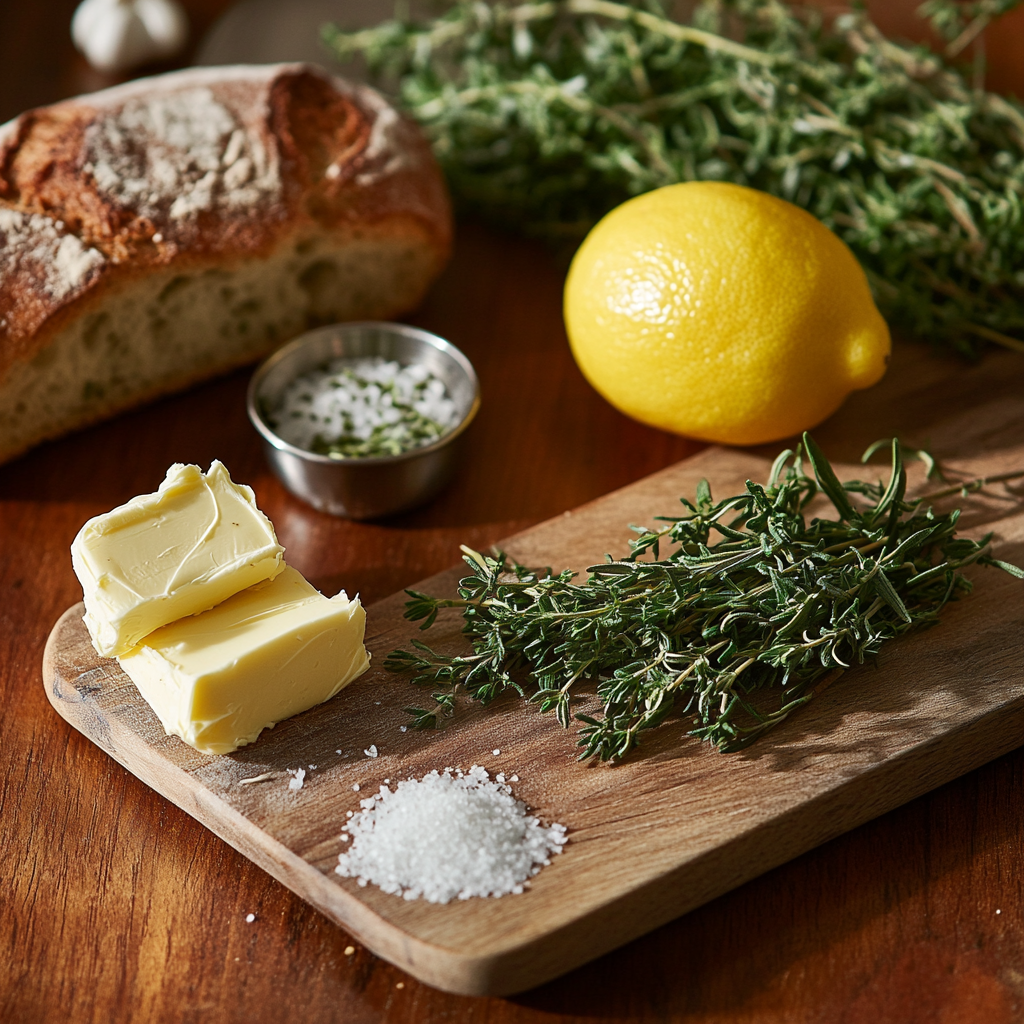 "Fresh rosemary, thyme, butter, garlic, and lemon zest ingredients for rosemary thyme compound butter."

