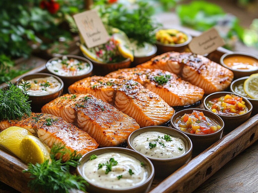 "Salmon fillets served with a variety of sauces, including lemon butter, dill, creamy garlic, soy-ginger glaze, and mango salsa."