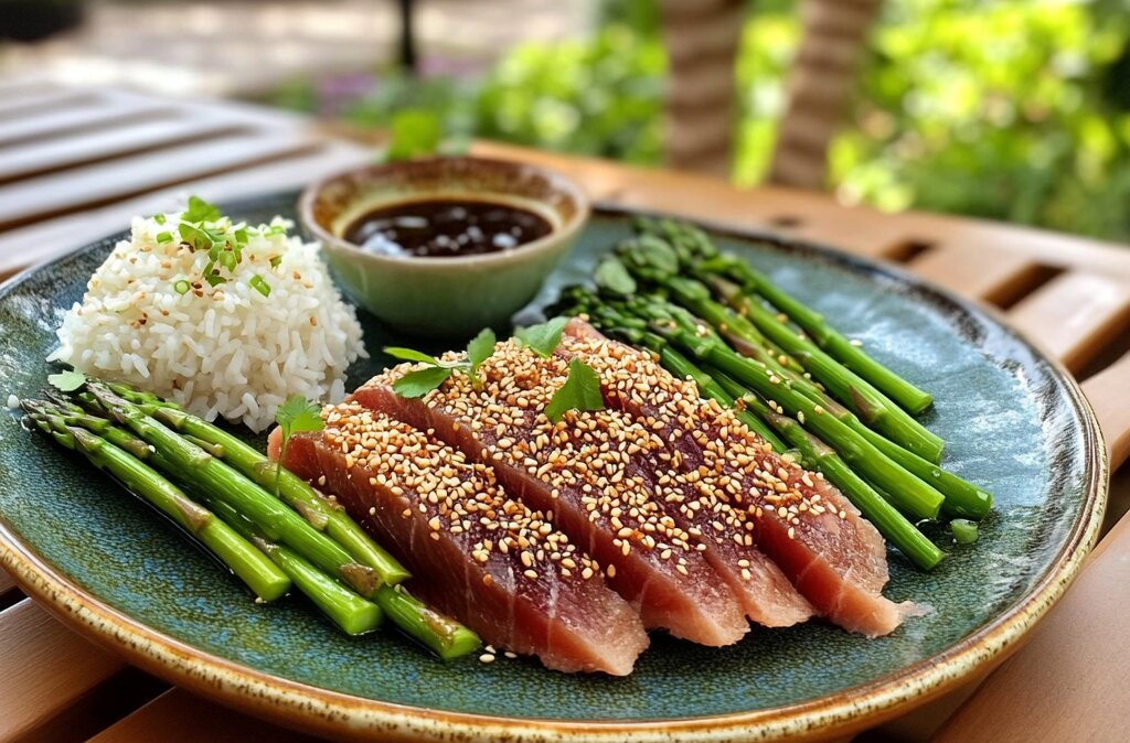 A plated seared ahi tuna dish with sesame crust, garnished with microgreens and served with rice and asparagus.