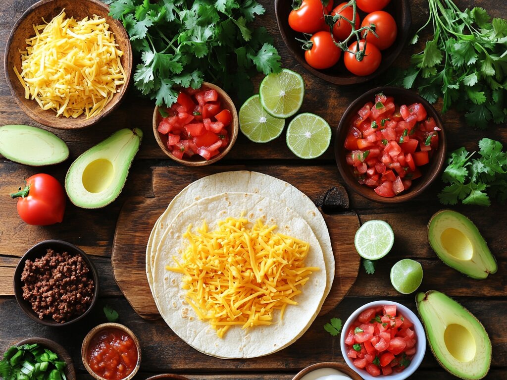 "Ingredients for Smash Tacos Recipe on a rustic wooden table, including tortillas, ground beef, fresh vegetables, and seasonings."

