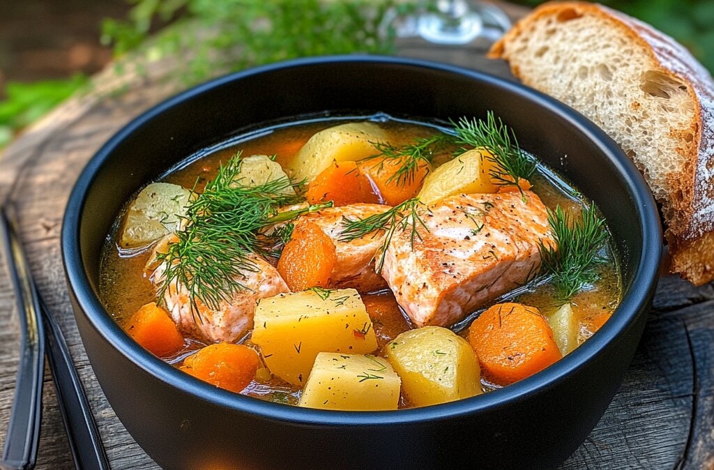 A bowl of steaming salmon stew with tender salmon chunks, vegetables, and creamy broth, served outdoors.