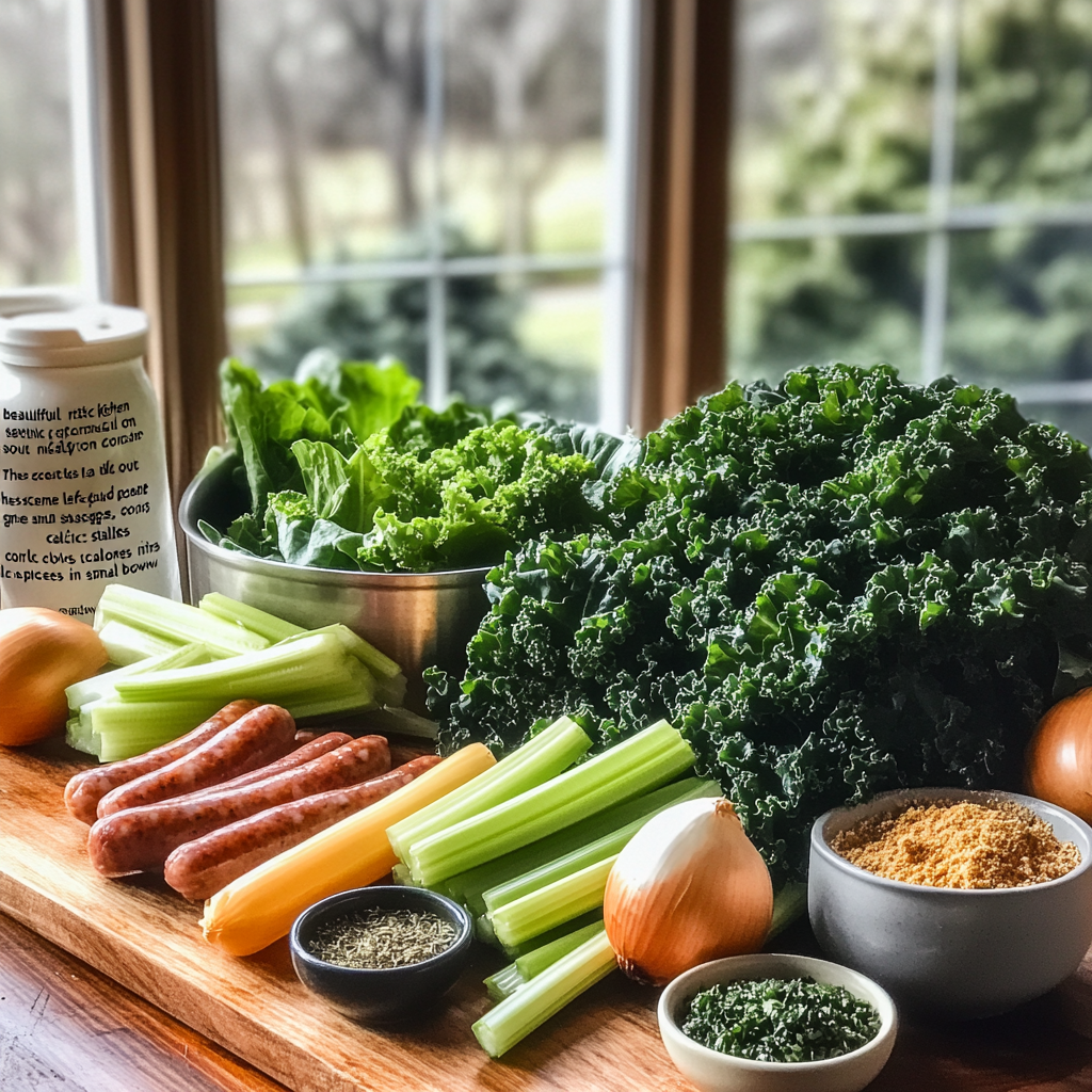 "Fresh ingredients for swamp soup, including leafy greens, smoked sausage, onions, celery, garlic, and spices on a wooden countertop."

