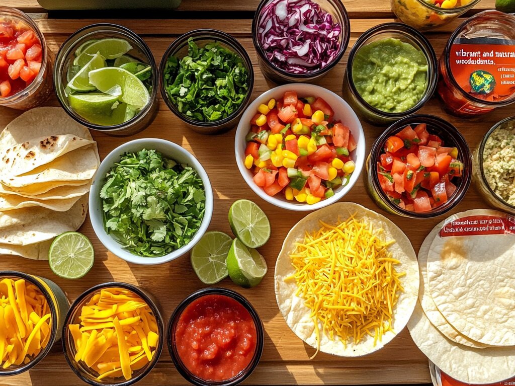 "Fresh taco ingredients on a rustic table including tortillas, vegetables, protein options, and sauces – guide to tacos."

