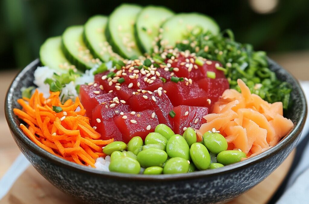 Plated Yellowtail Tuna Poke Bowl with marinated tuna, sushi rice, avocado, carrots, cucumber, seaweed, edamame, sesame seeds, and green onions.