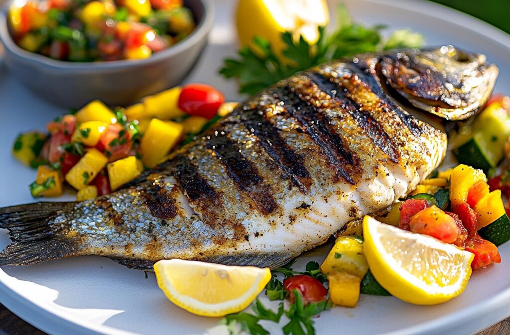 "Perfectly grilled dorado fish served with grilled vegetables, mango salsa, and lemon wedges on an outdoor table."