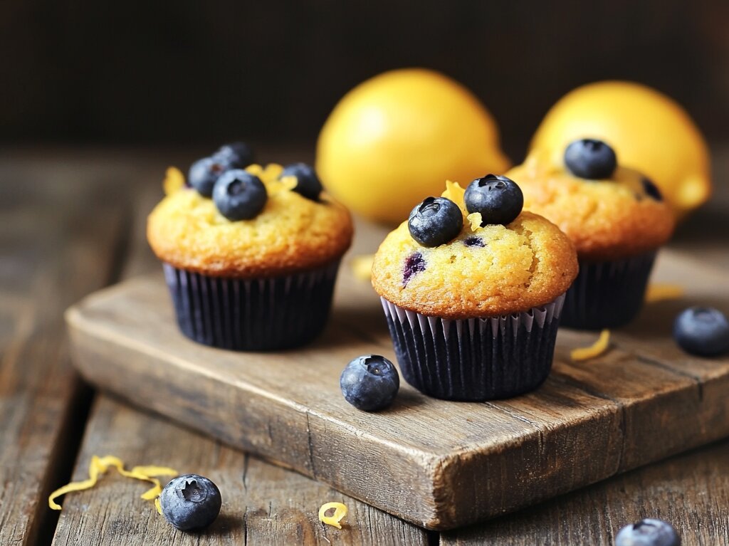 A vibrant display of lemon blueberry muffins with fresh blueberries and lemon zest on a wooden table. Perfect for showcasing the balance of sweet and tart flavors."