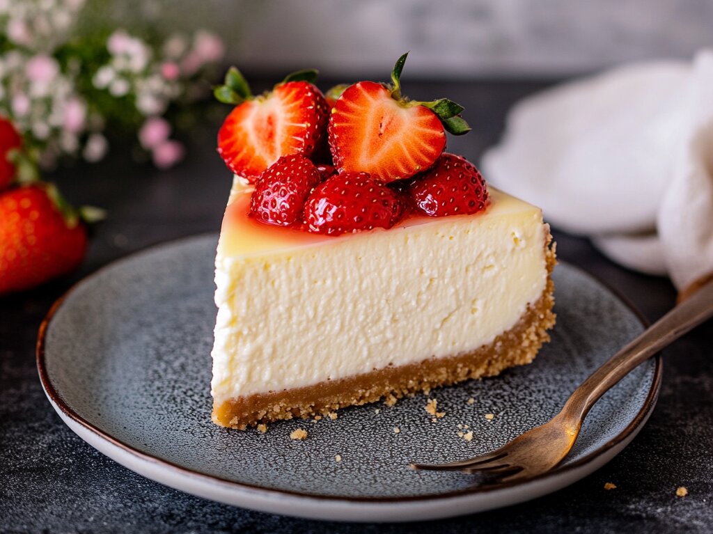 A rich slice of New York-style cheesecake topped with fresh strawberries, highlighting the best cheesecake flavor