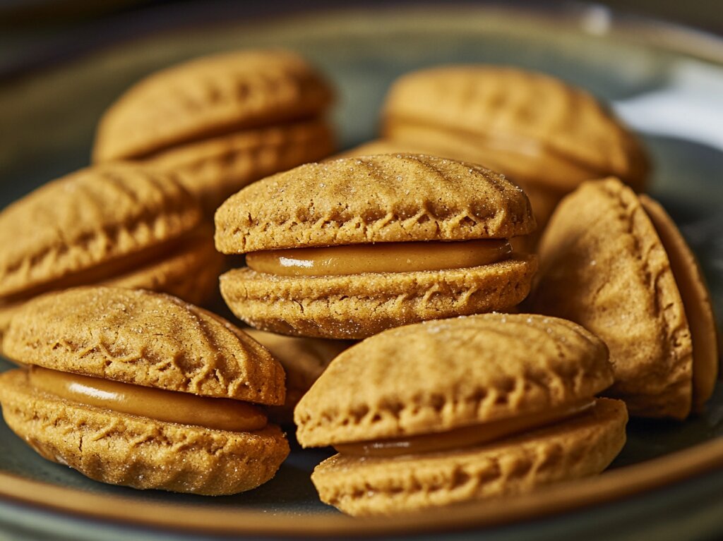 A close-up image of Nutter Butter cookies on a wooden table, showcasing their iconic peanut shape and crispy texture. These cookies are a popular snack, known for their rich peanut butter flavor and versatility in recipes. Perfect for sharing, baking, or enjoying as a quick treat.