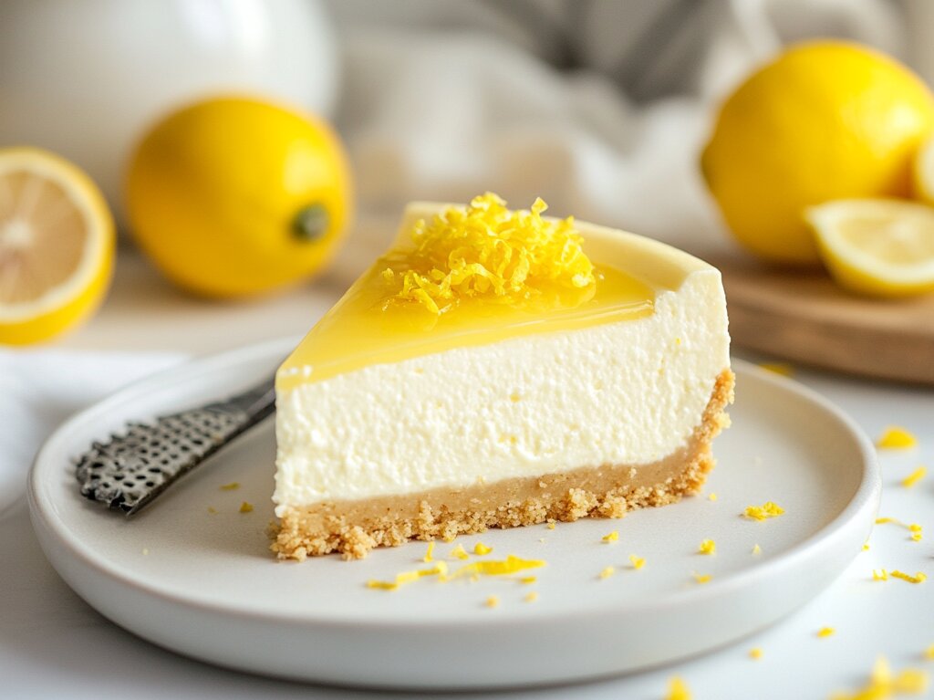 A slice of lemon cheesecake on a plate with fresh lemons and zest, showcasing its creamy texture and golden crust.