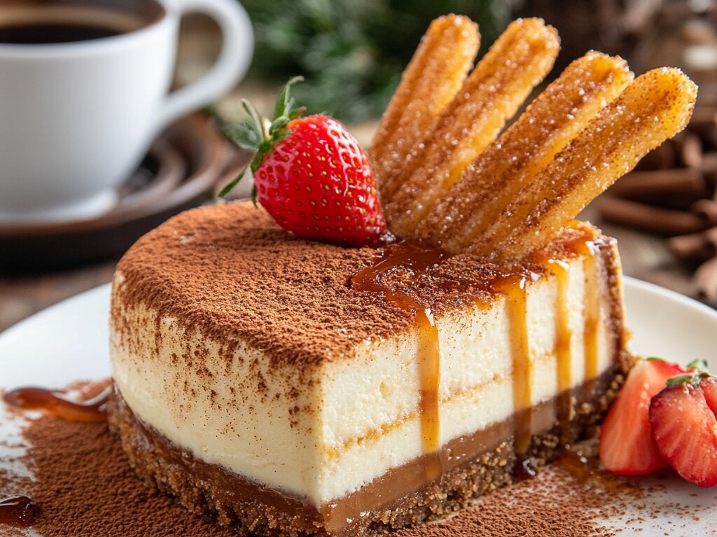 "Churro cheesecake with cinnamon-sugar crust and creamy filling, topped with caramel drizzle."