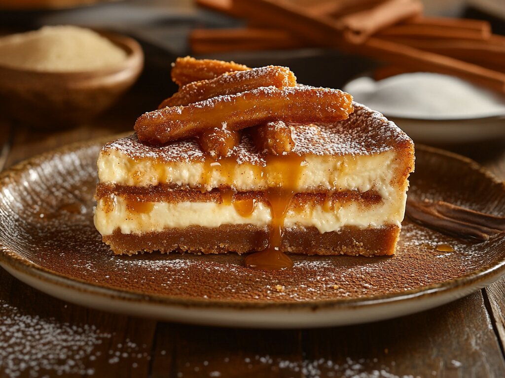 "Close-up of churro cheesecake with crispy cinnamon-sugar crust and creamy filling topped with caramel drizzle.