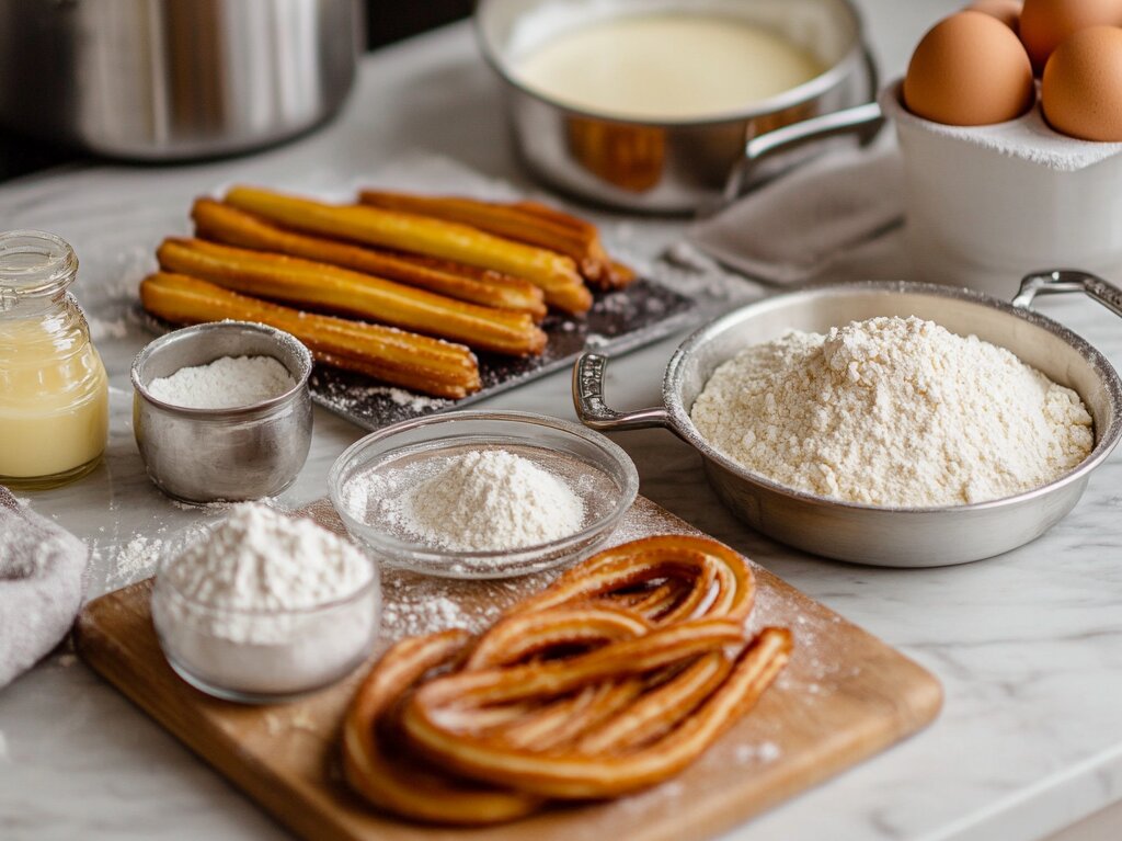 "Ingredients for churro dough, including flour, butter, sugar, eggs, and water, with a piping bag and cinnamon sugar on a wooden countertop."