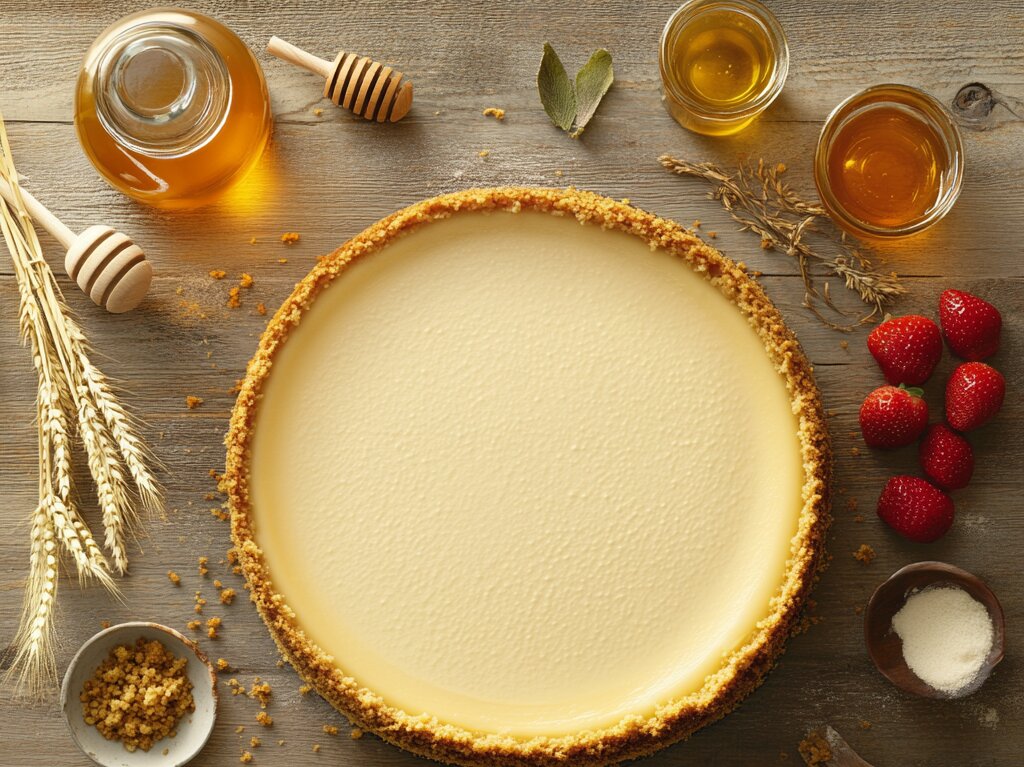 A creamy original cheesecake with a smooth graham cracker crust, styled with rustic honey jars, wheat stalks, and fresh strawberries.