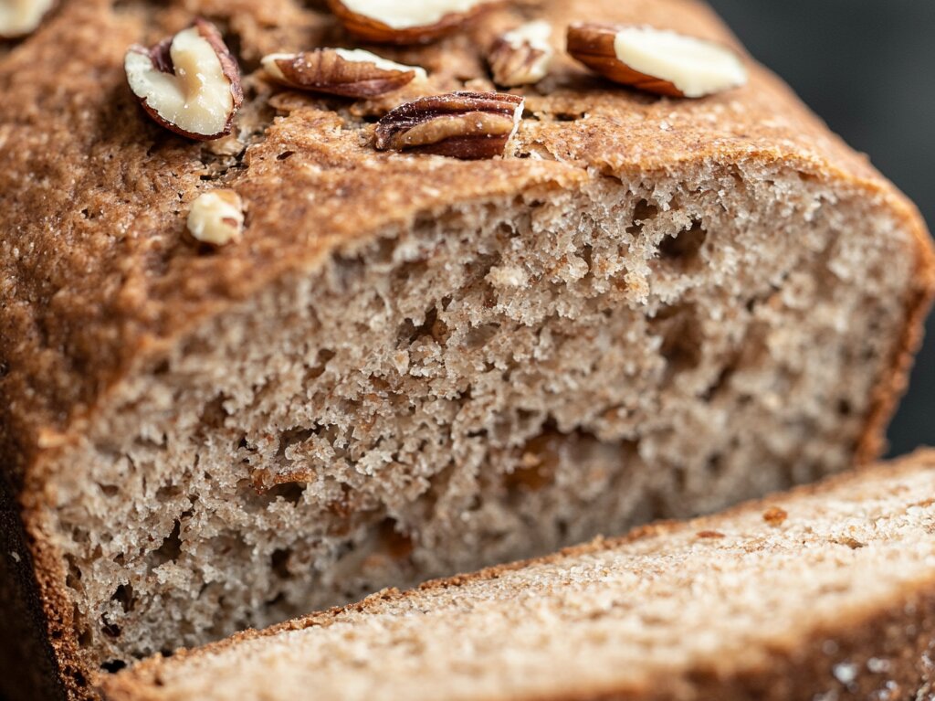 "A freshly baked loaf of Date Nut Bread, sliced to reveal its moist texture, with visible chunks of dates and nuts."