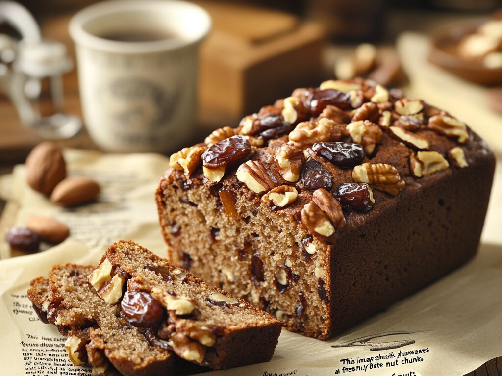 A freshly baked loaf of date nut bread with slices showing moist texture and nutty chunks."