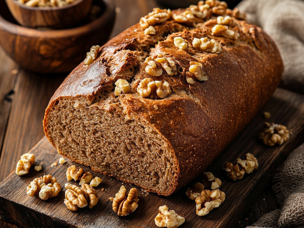 "Gluten-free walnut bread slices with almond butter and fresh berries"