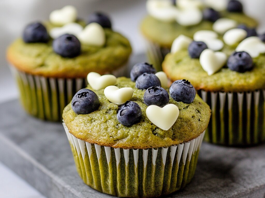 Freshly baked matcha muffins with almond flour, placed on a cooling rack.