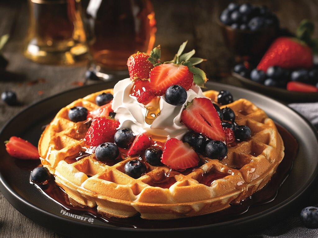 Krusteaz waffle recipe with golden, fluffy waffles topped with syrup and fresh berries.