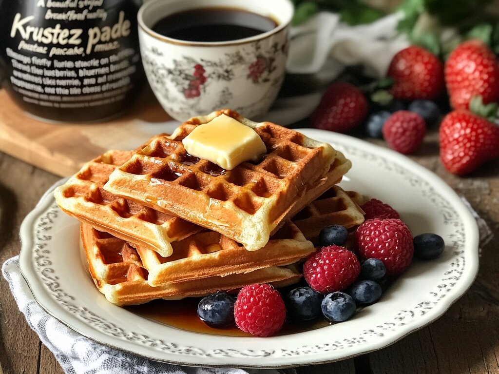 "Delicious waffles made using Krusteaz pancake mix with crispy texture and golden brown edges."