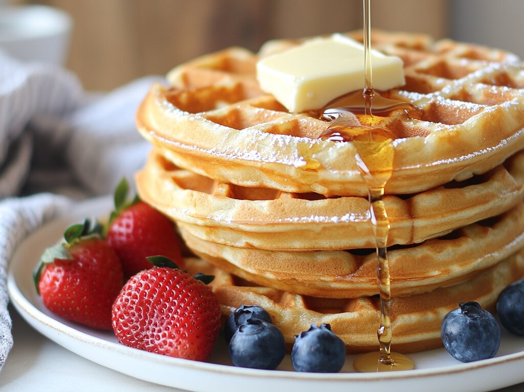 Golden crispy waffles with butter and maple syrup on a plate - the secret to making perfect waffles.