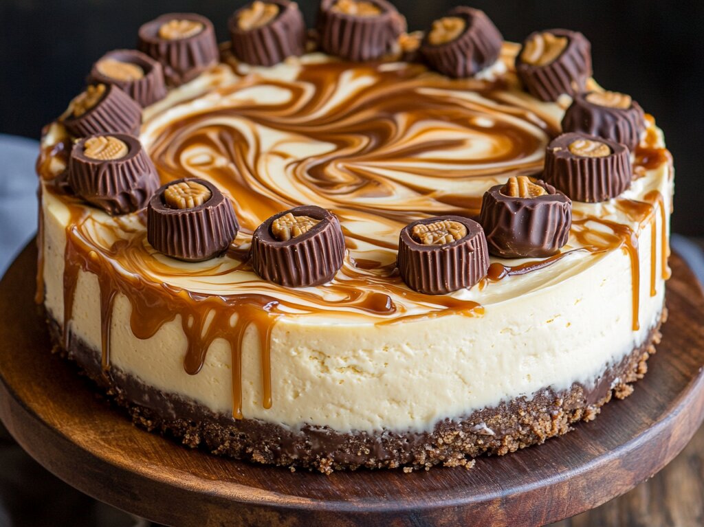 Reese's Caramel Cheesecake with peanut butter cups and caramel swirl