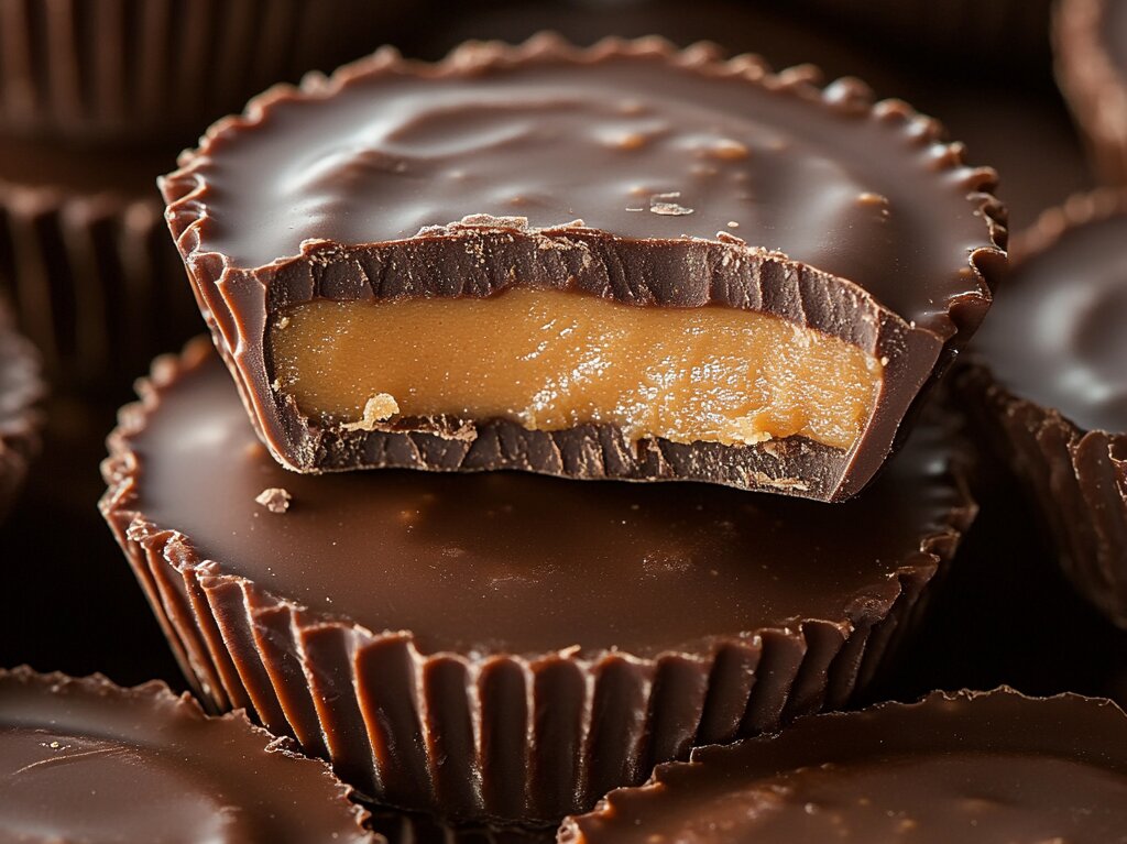 Close-up of Reese's Peanut Butter Cups with caramel filling, showcasing the chocolate and peanut butter layers.