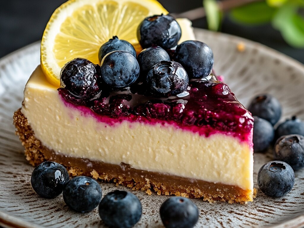 A beautifully presented slice of lemon blueberry cheesecake with a golden graham cracker crust, topped with fresh blueberries and lemon zest