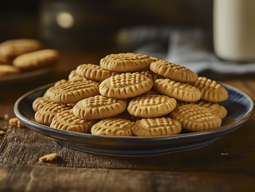 A plate of Nutter Butter cookies featuring their iconic peanut shape and creamy peanut butter filling