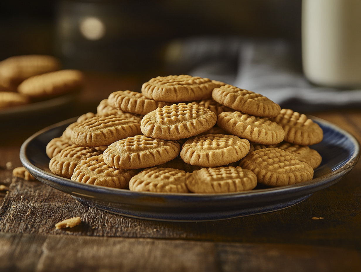 A plate of Nutter Butter cookies featuring their iconic peanut shape and creamy peanut butter filling