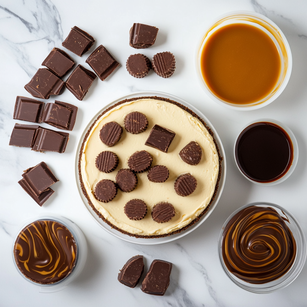 Flat-lay of Reese's Caramel Cheesecake ingredients, including cream cheese, eggs, sugar, Reese's Peanut Butter Cups, caramel sauce, and graham cracker crumbs."