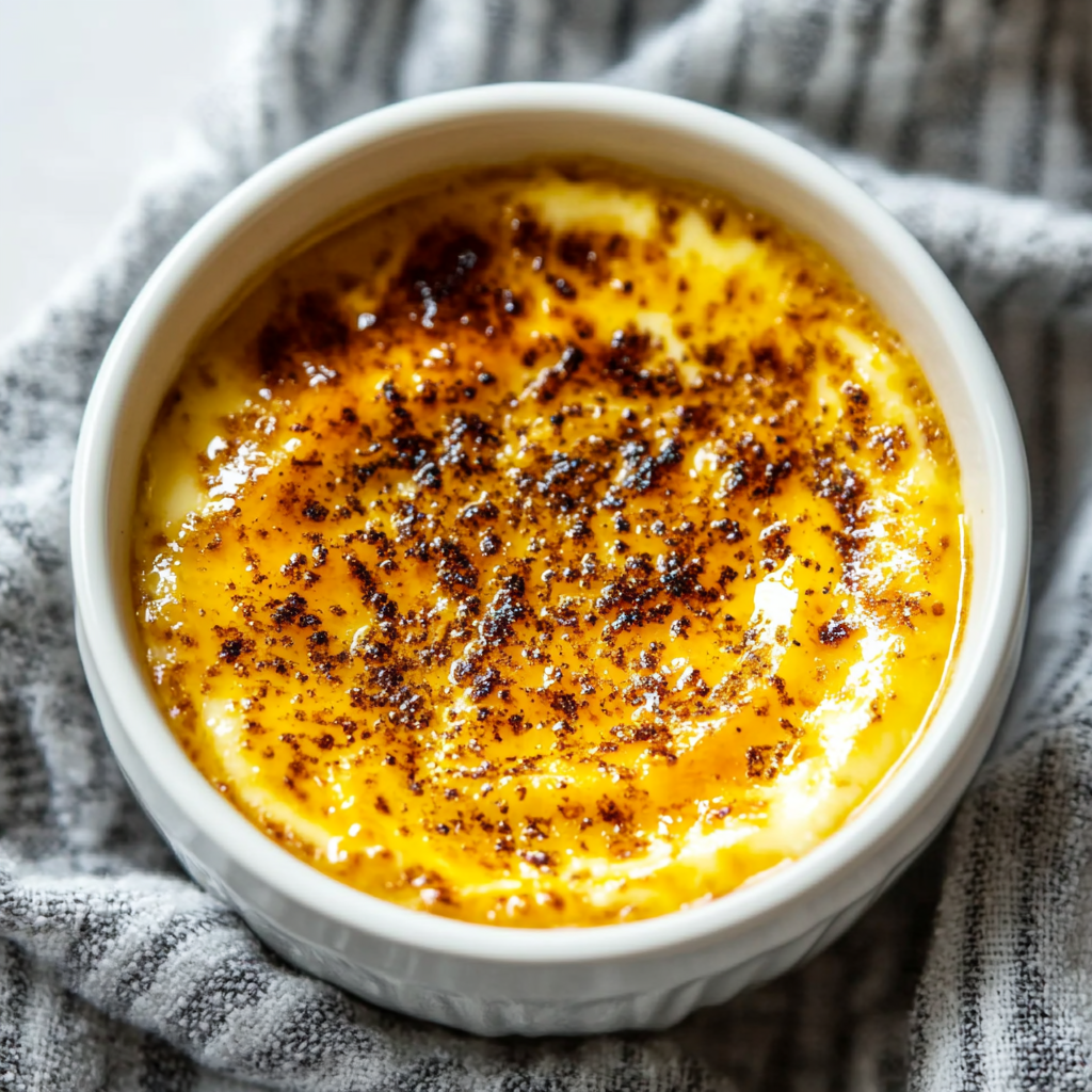  Crème brûlée dessert with caramelized sugar topping - a classic French dessert made of heavy cream, egg yolks, sugar, and vanilla.