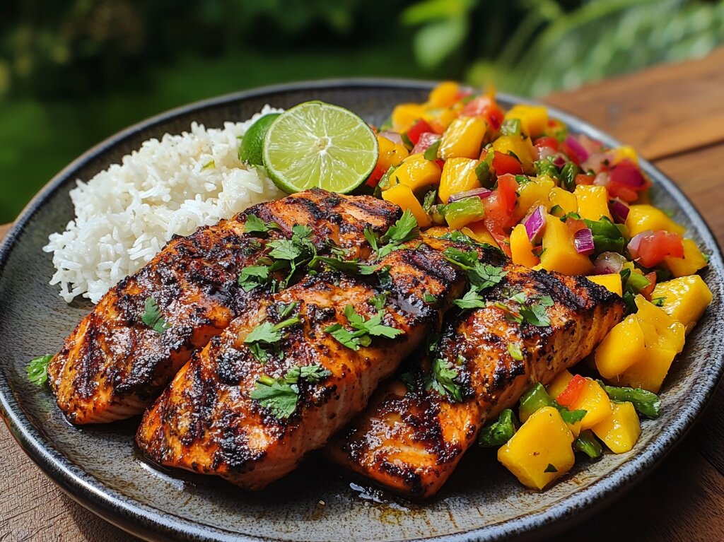 Grilled jerk salmon served with coconut rice and mango salsa on a wooden table in a tropical garden setting.