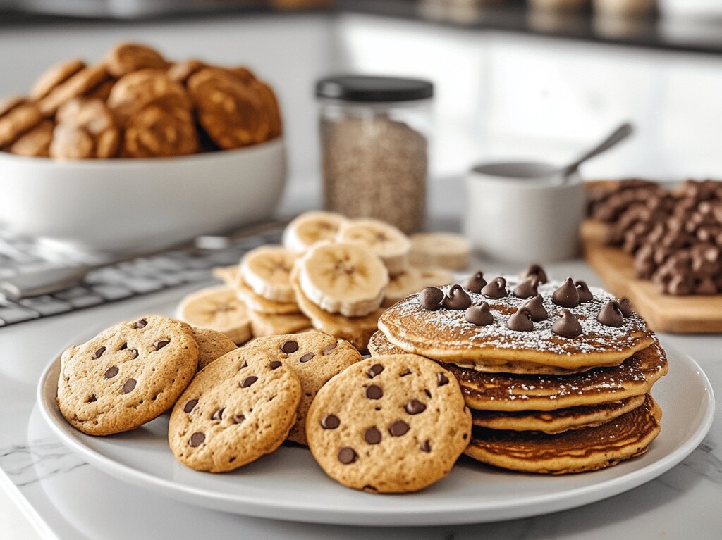 Protein-enriched baked goods including pancakes, muffins, cookies, and donuts displayed on a kitchen countertop, perfect for baking with protein powder.