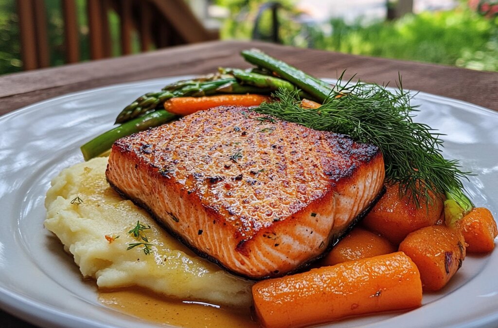 "Pan-seared salmon with creamy mashed potatoes, garnished with dill and lemon butter sauce, served with roasted vegetables."