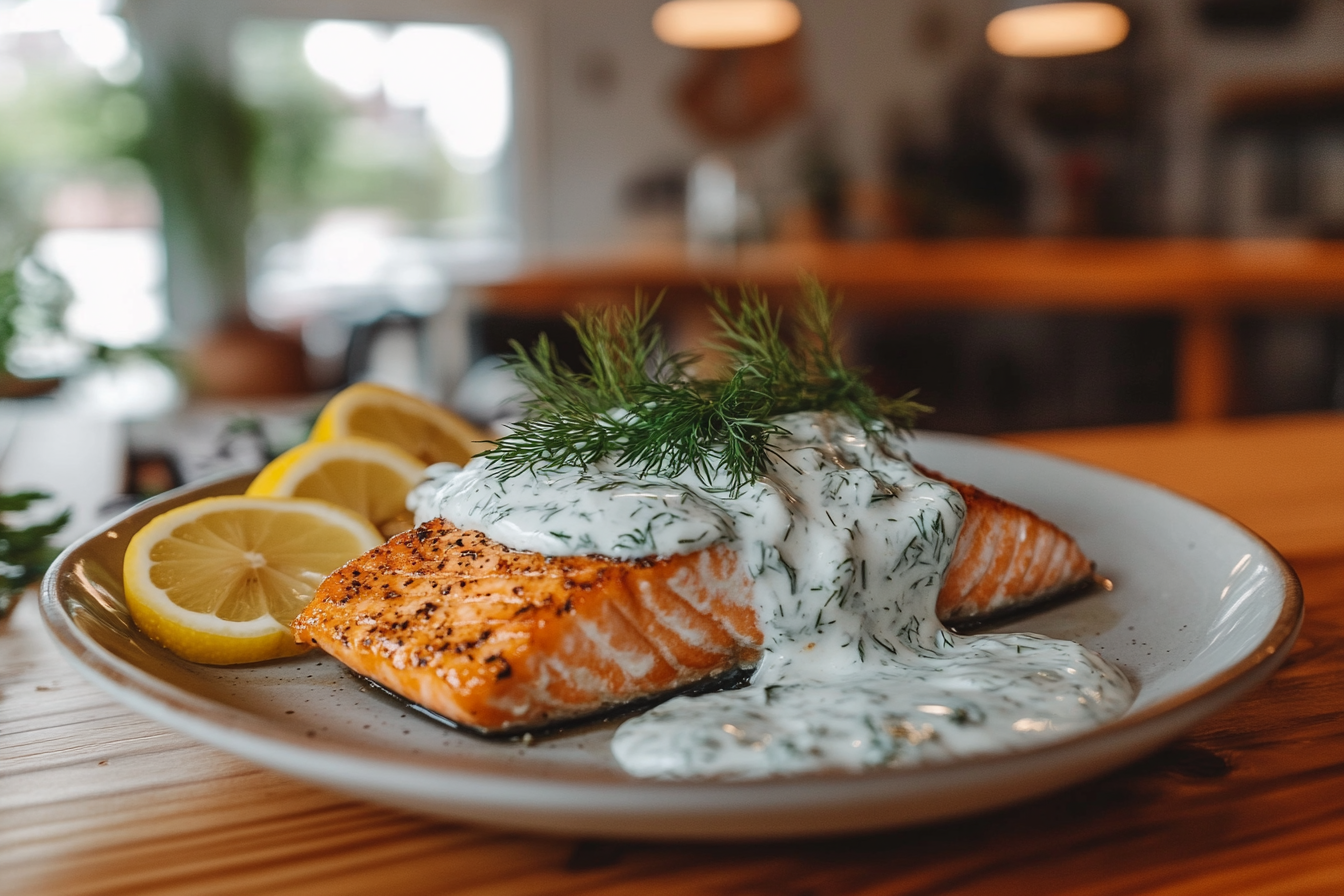 A plated baked salmon fillet topped with creamy dill sauce, garnished with lemon slices and herbs.