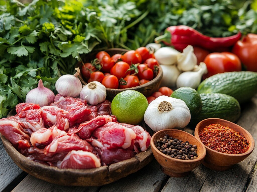 Fresh birria taco soup ingredients on a rustic table, including spices, chiles, vegetables, and raw meat.