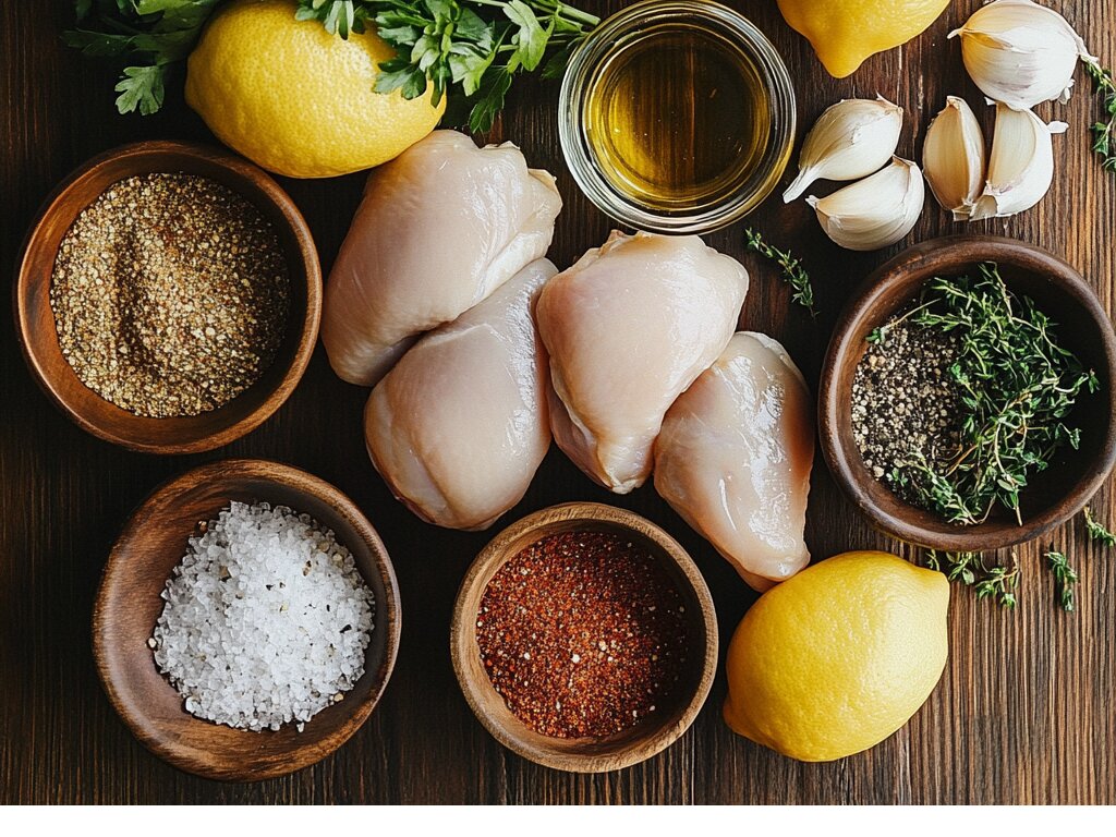 Ingredients for Blackstone chicken recipe, including chicken breasts, lemons, garlic, olive oil, Italian seasoning, and herbs.

