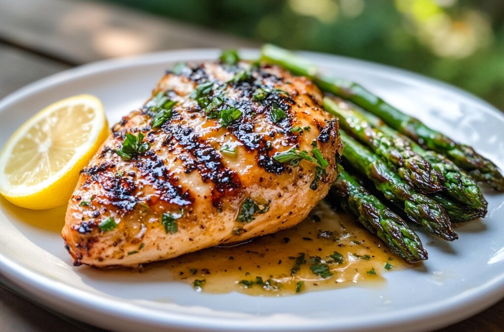 Finished Blackstone chicken recipe with grilled chicken breast, asparagus, and lemon garnish.