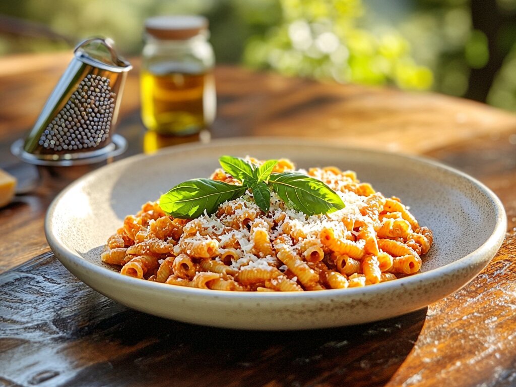 Cooked Ditalini Pasta in a rich tomato sauce, garnished with Parmesan cheese and fresh basil, served on a rustic wooden table