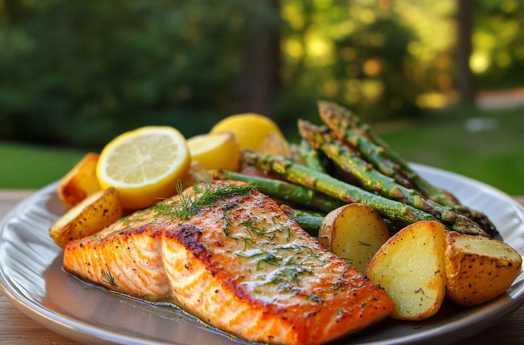 Perfectly baked salmon fillets with a lemon-dill glaze, served with roasted asparagus and potato wedges