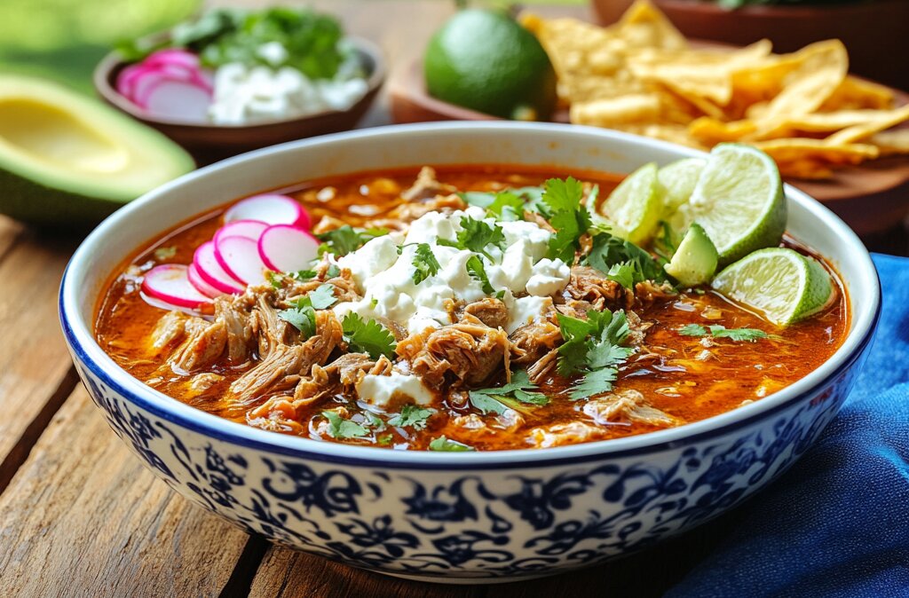 A bowl of steaming birria taco soup garnished with fresh cilantro, lime wedges, and tortilla strips.