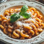 Cooked Ditalini Pasta in a rich tomato sauce, garnished with Parmesan cheese and fresh basil, served on a rustic wooden table