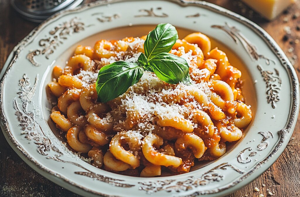 Cooked Ditalini Pasta in a rich tomato sauce, garnished with Parmesan cheese and fresh basil, served on a rustic wooden table